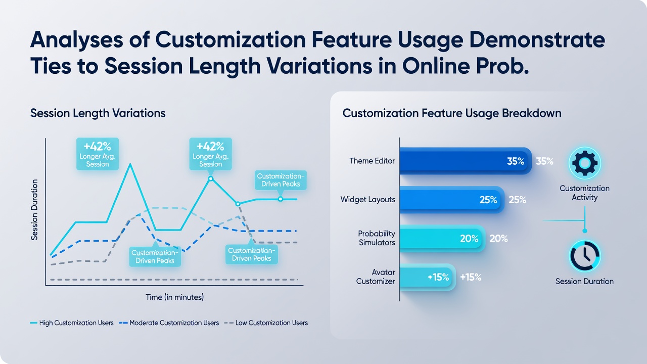 Charts illustrating correlations between user-selected customization options and measured session durations on probability entertainment platforms