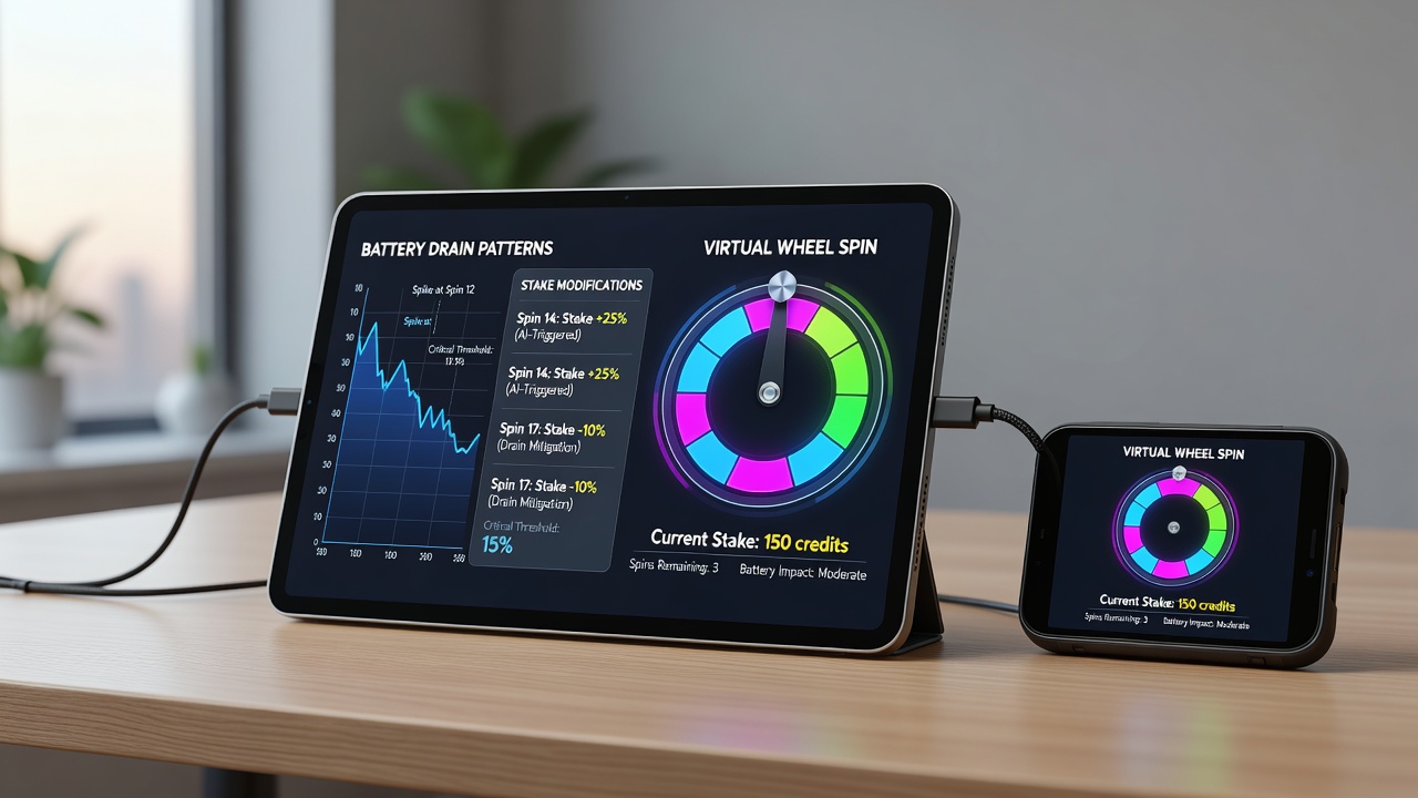 Portable gadget screen showing stake adjustments linked to battery levels in European coastal gaming