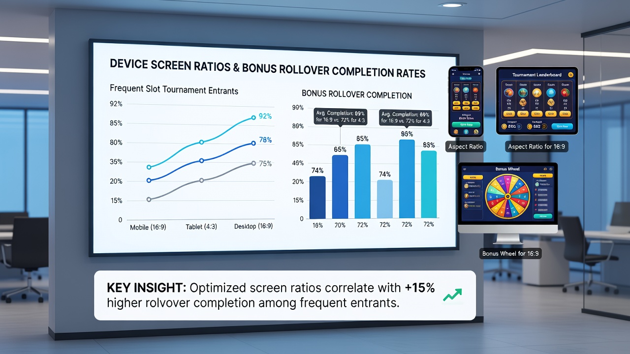 Analytics dashboard showing screen ratio correlations with bonus completion metrics in regional slot apps