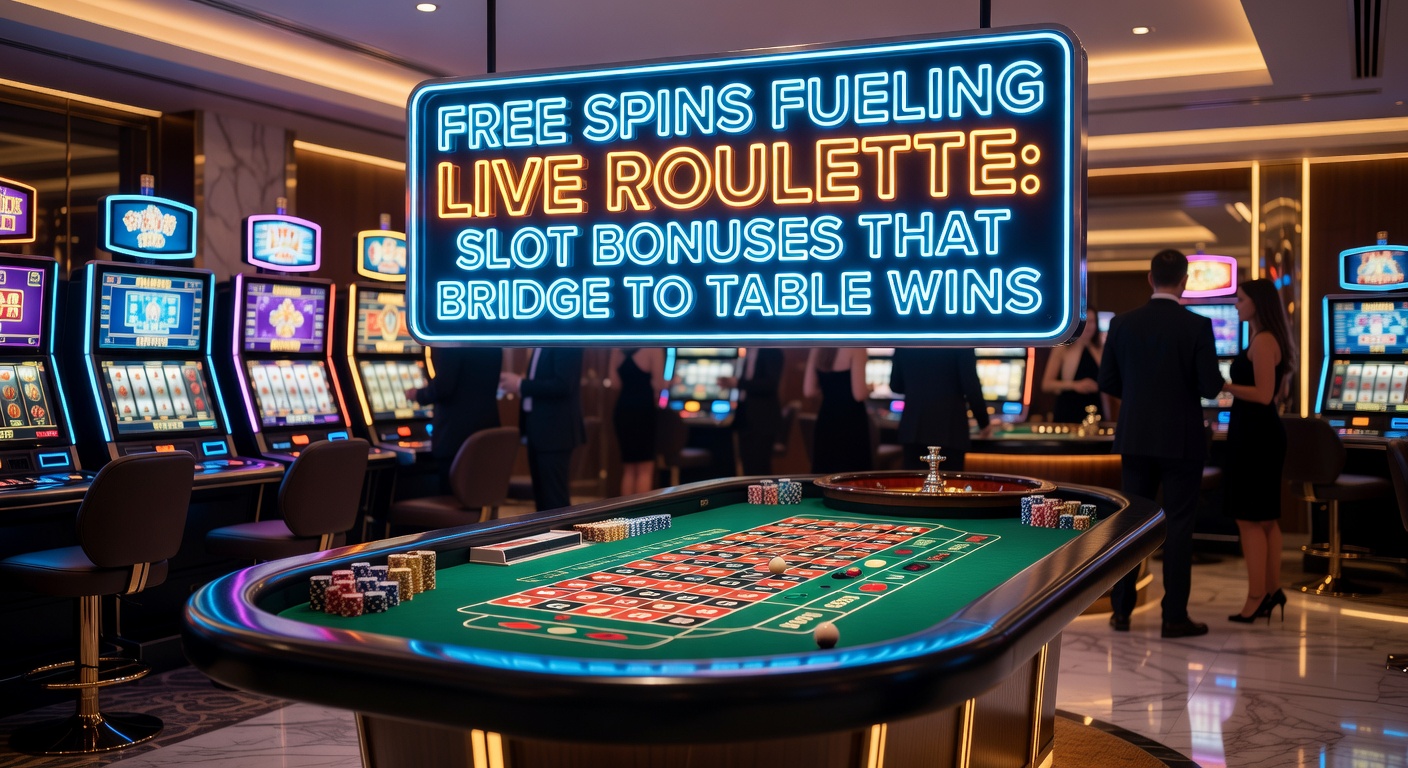 Vibrant slot machine reels spinning with free spin symbols transitioning into a live roulette wheel in the background, illustrating the bridge between slot bonuses and table game action