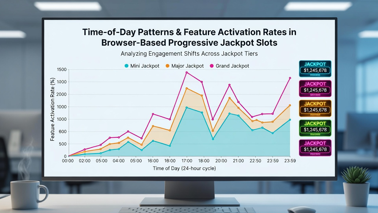 Data visualization charts displaying hourly feature activation rates across different geographic time zones for progressive slots