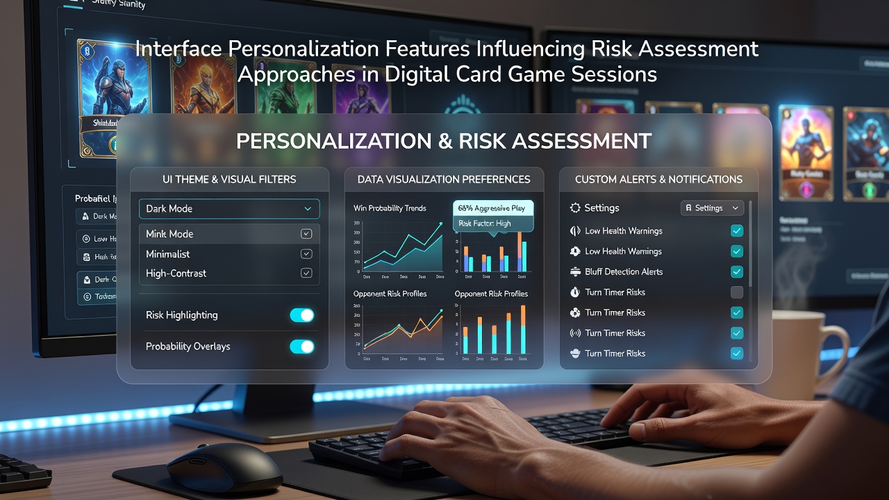 Customizable digital card game interface displaying personalization sliders for deck themes, bet limits, and risk indicators on a tablet screen