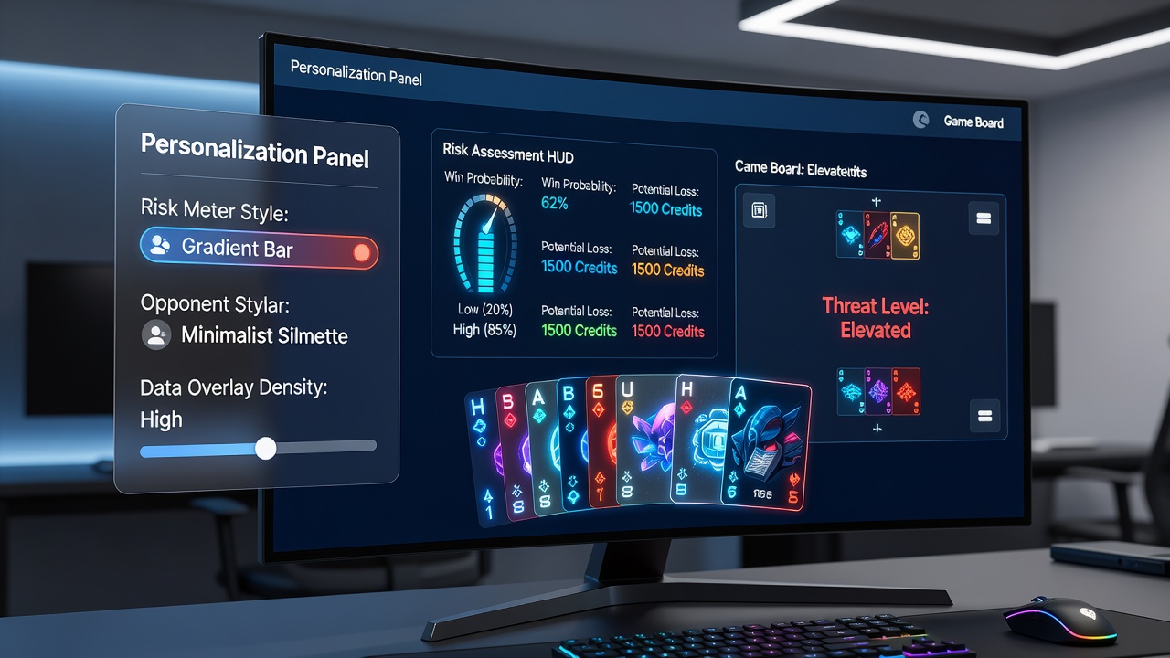 Split-screen view of two digital card game sessions, one with standard layout and one with personalized risk meters and custom alerts active