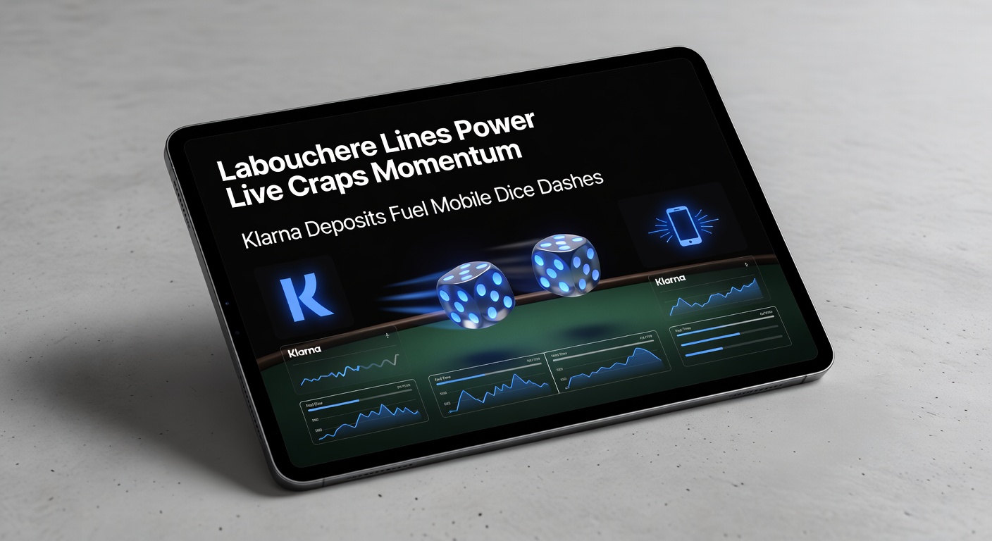 Mobile phone displaying Klarna deposit confirmation during a live craps session, with Labouchere sequence visible and dice mid-roll