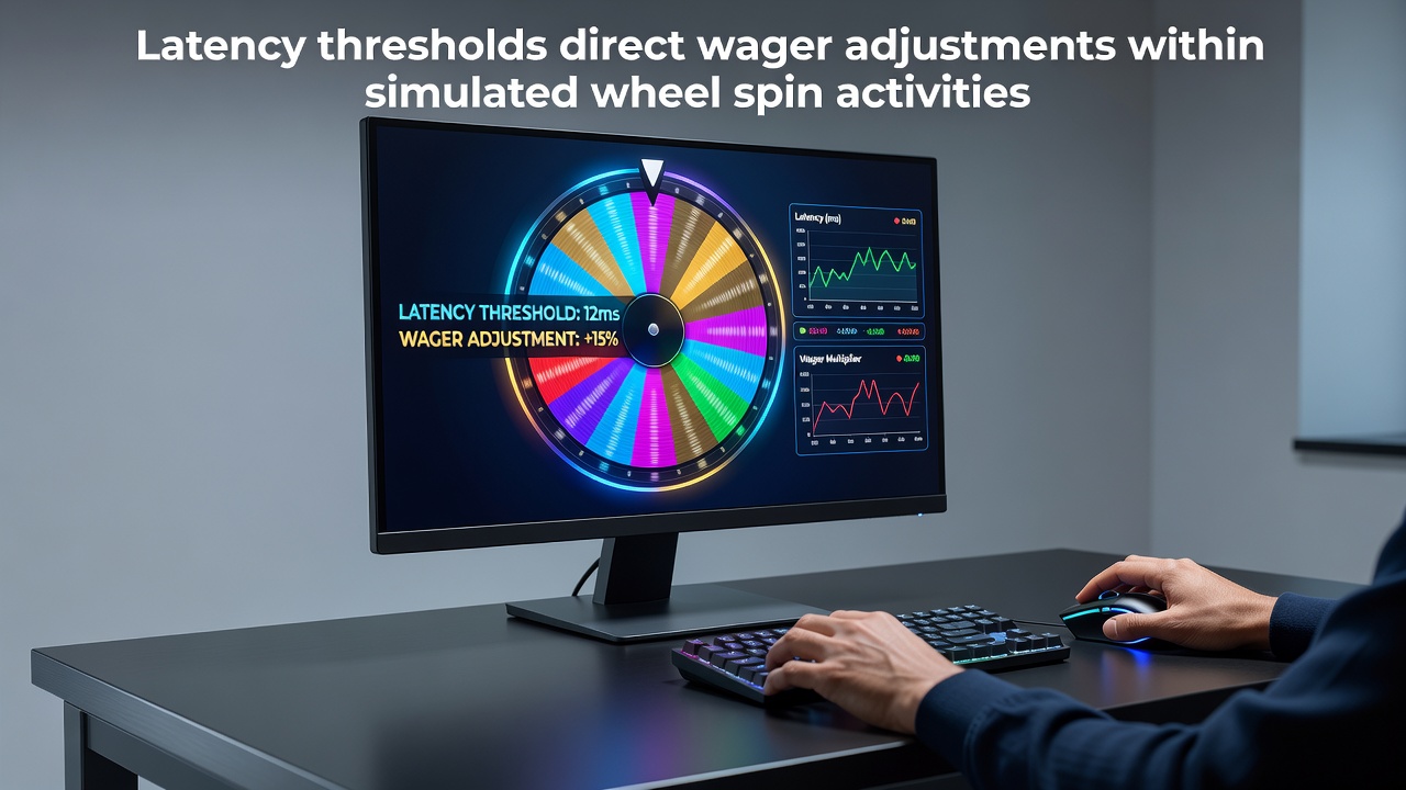 Desktop setup displaying simulated wheel spin interface with latency indicators and wager adjustment panels
