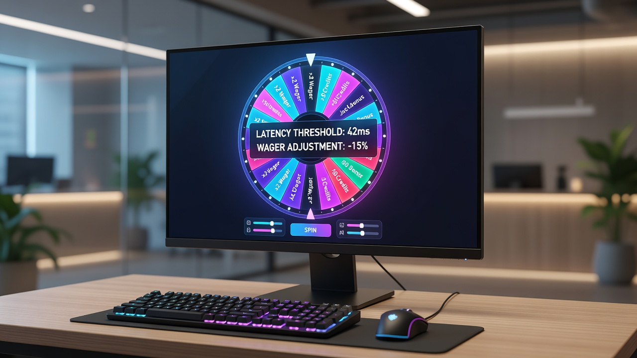 Close-up of desktop screen showing wheel spin results alongside real-time latency metrics and adjusted bet confirmations