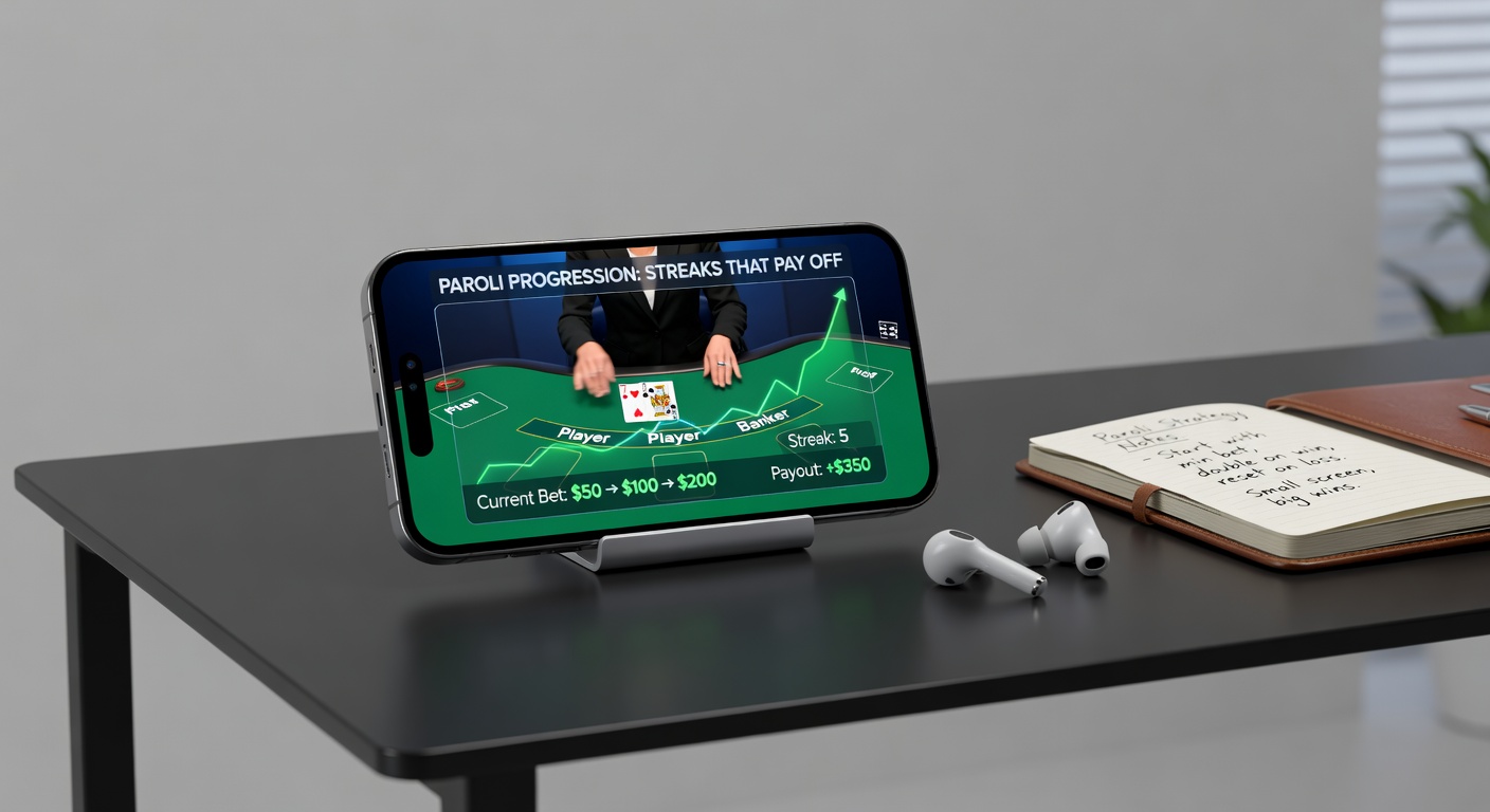Mobile phone screen displaying a live baccarat table with Paroli betting progression highlighted during a winning streak