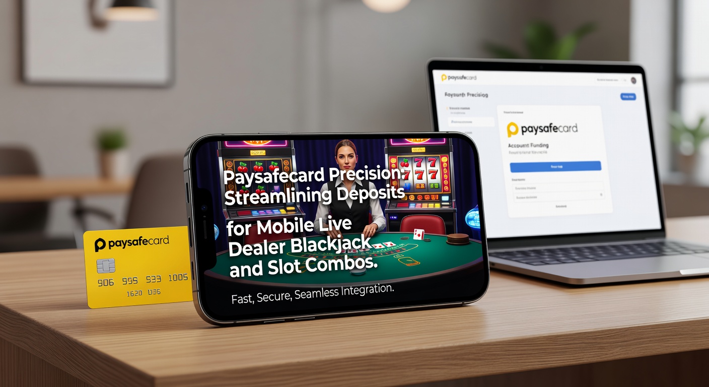 Mobile phone displaying Paysafecard deposit interface alongside live dealer blackjack table and vibrant slot reels