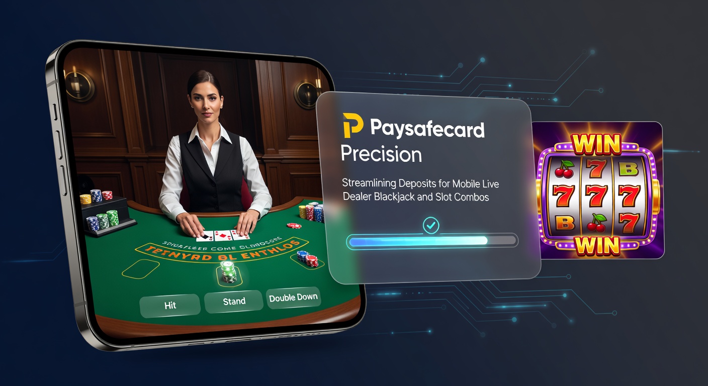 Paysafecard voucher being scanned on a smartphone next to a dynamic slot machine combo game and live blackjack dealer