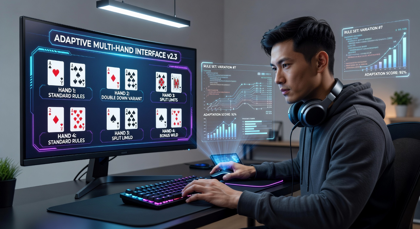 Players engaging with multi-hand blackjack interfaces on mobile devices showing rule variation indicators