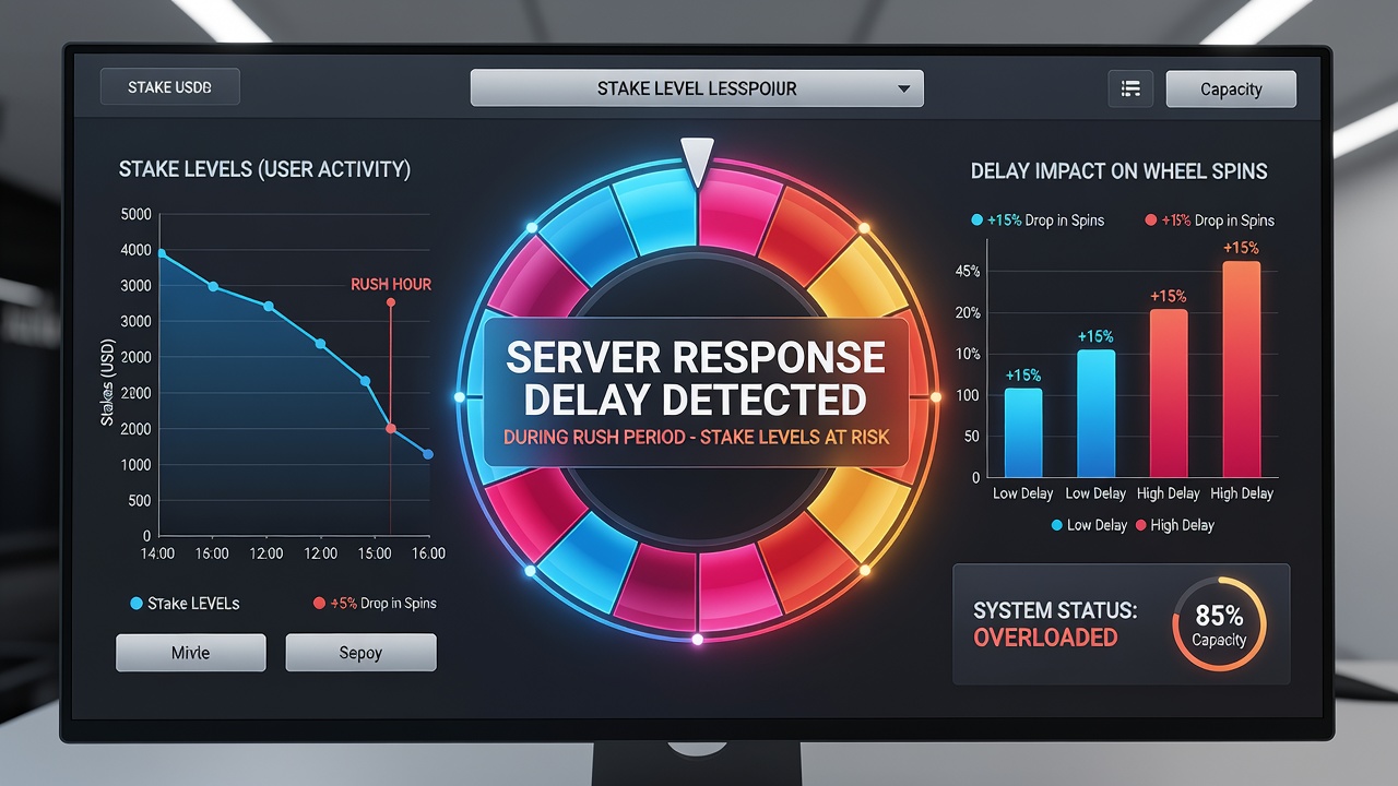 Wheel game interface showing adjusted stake options during high latency periods